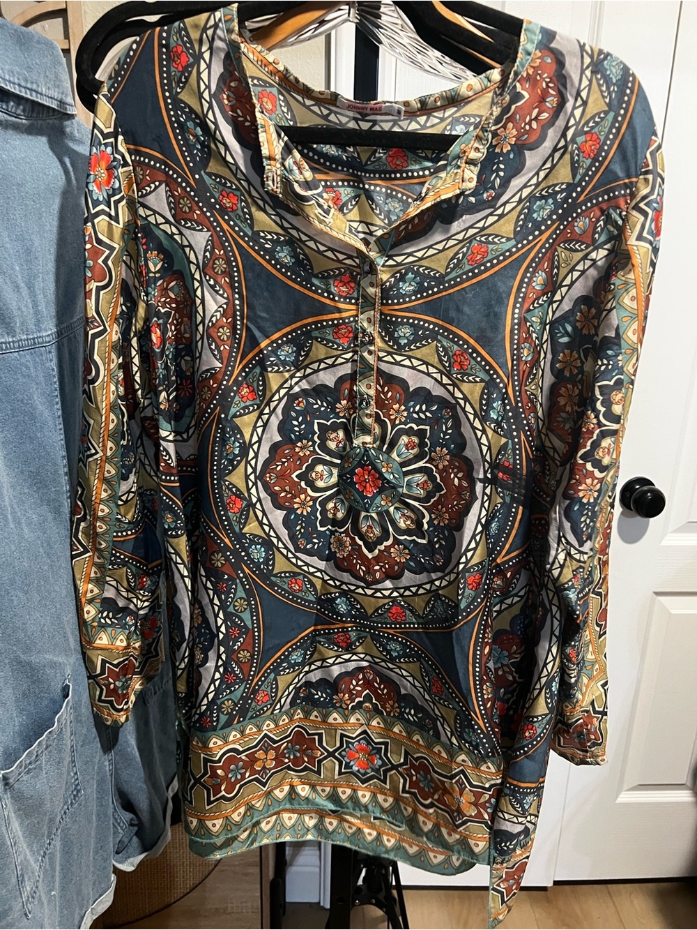 Johnny Was Multicolor Bohemian Medallion Blouse - Teal, Rust, Cream